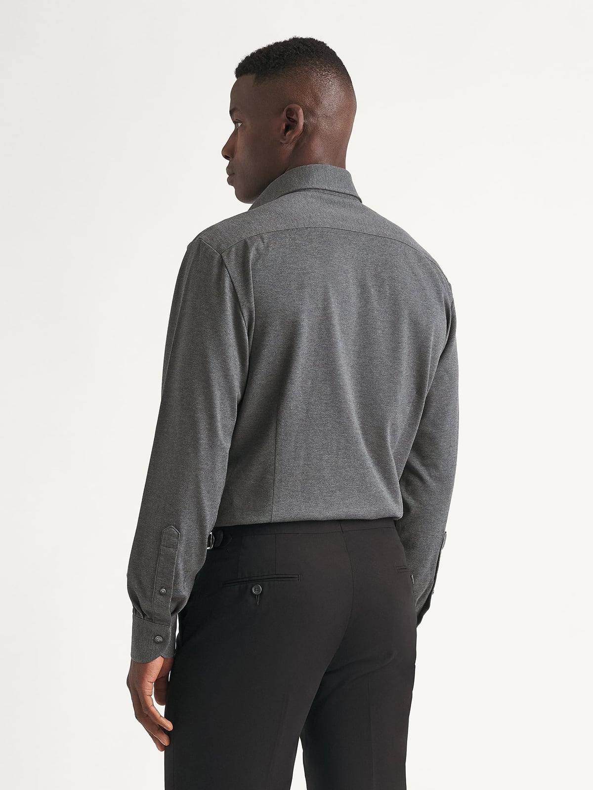 neck chafing dress shirt Canclini Charcoal Melange Easy Care Knit Pique Shirt