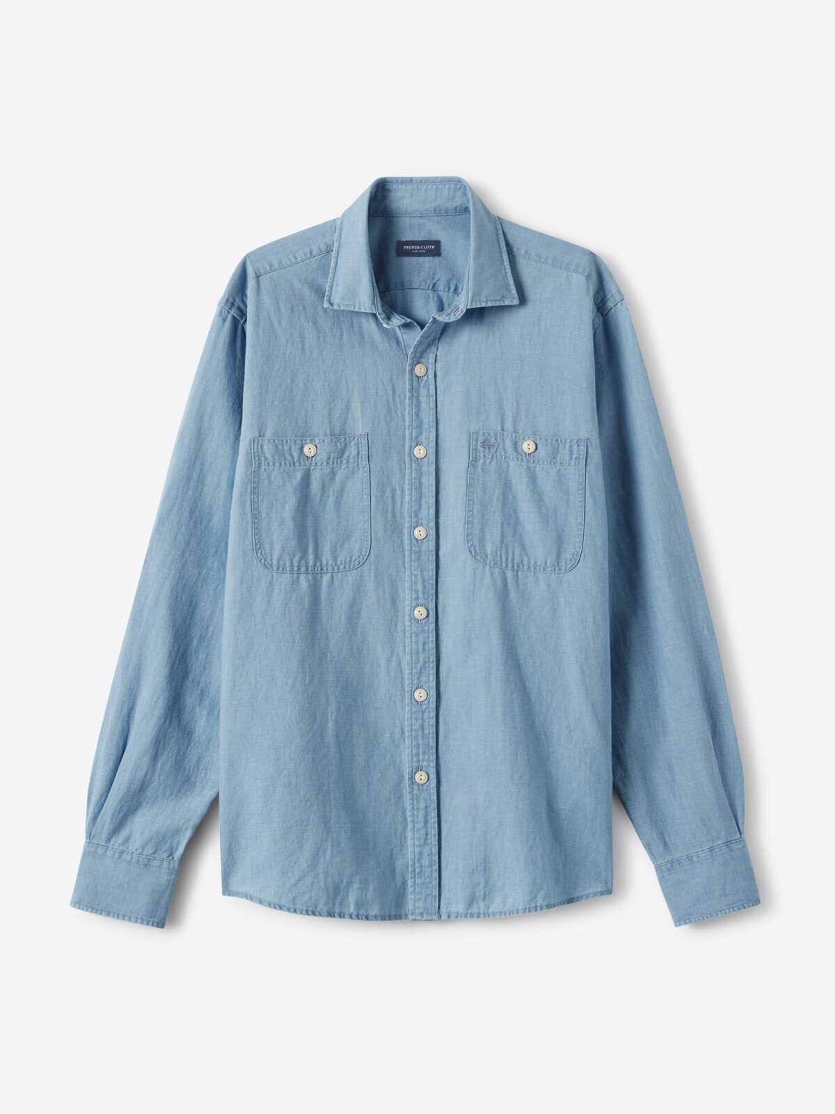 The Indigo Utility Shirt in Light Wash Cotton and Linen Chambray