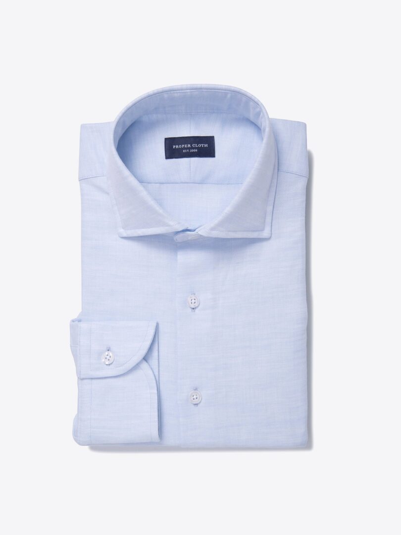 Portuguese Light Blue Cotton Linen Herringbone Fitted Shirt 
