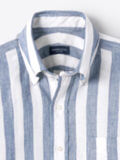The Aveiro Wide Stripe Linen Shirt in Faved Navy