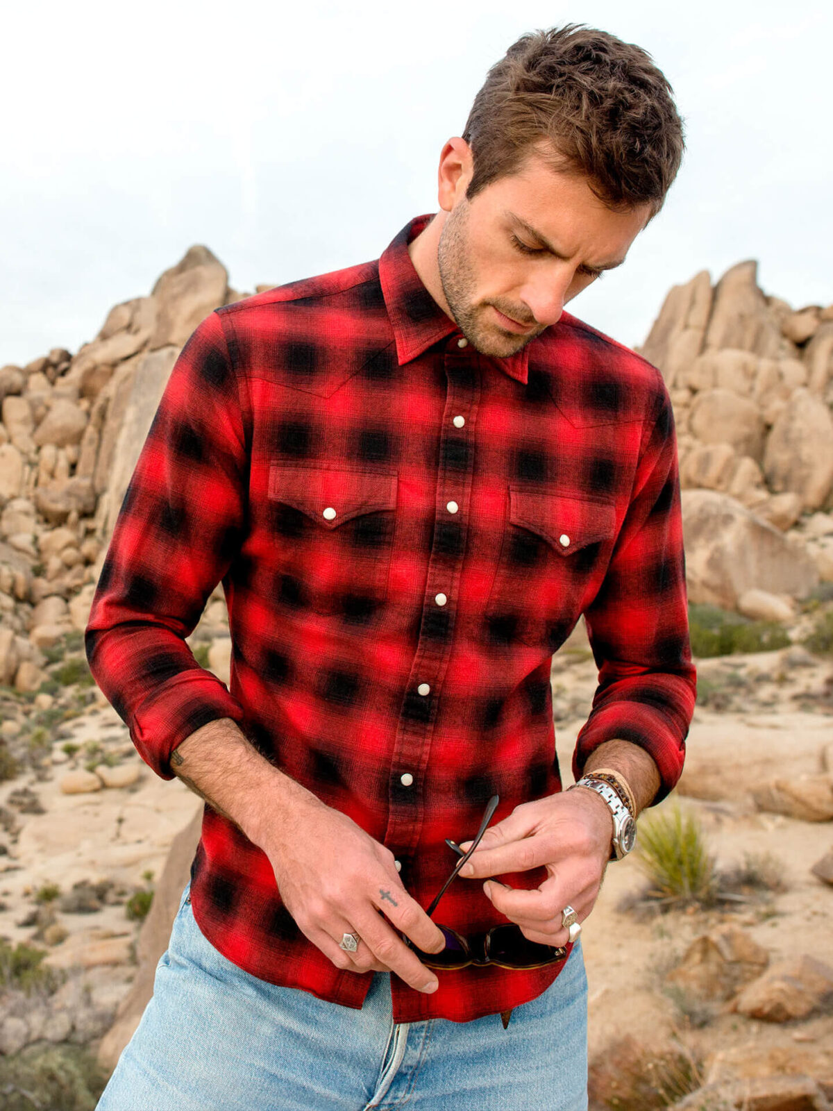 Scarlet and Black Ombre Plaid Flannel Western Shirt Shirt