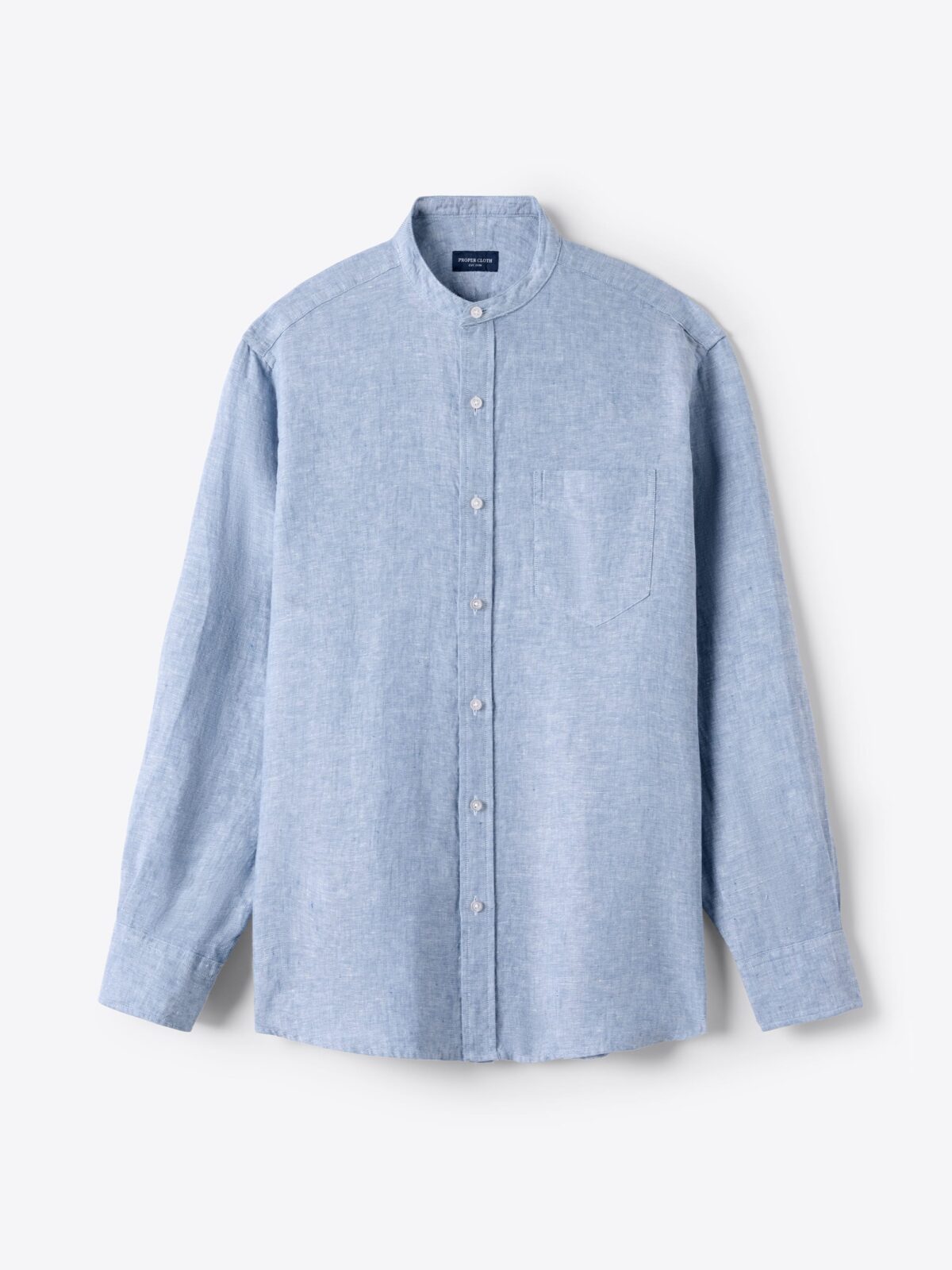 The Washed Linen Band Collar Shirt in Blue Chambray