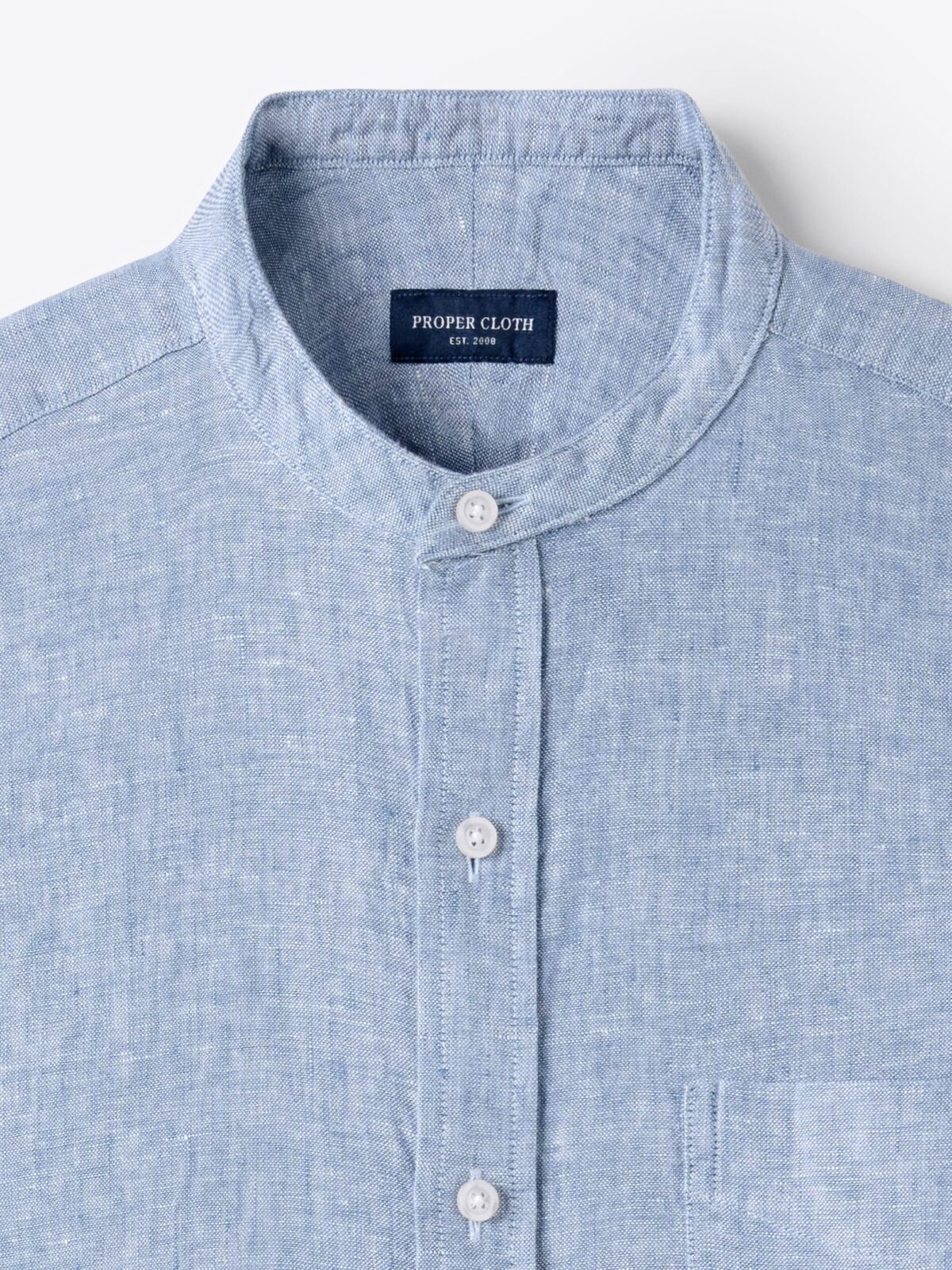 The Washed Linen Band Collar Shirt in Blue Chambray