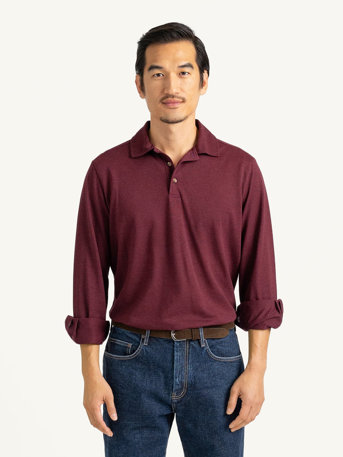 Proper Cloth Men's Burgundy Italian Easy Care Long Sleeve Polo Shirt - Red, Size: 14, Regular, 100% Cotton