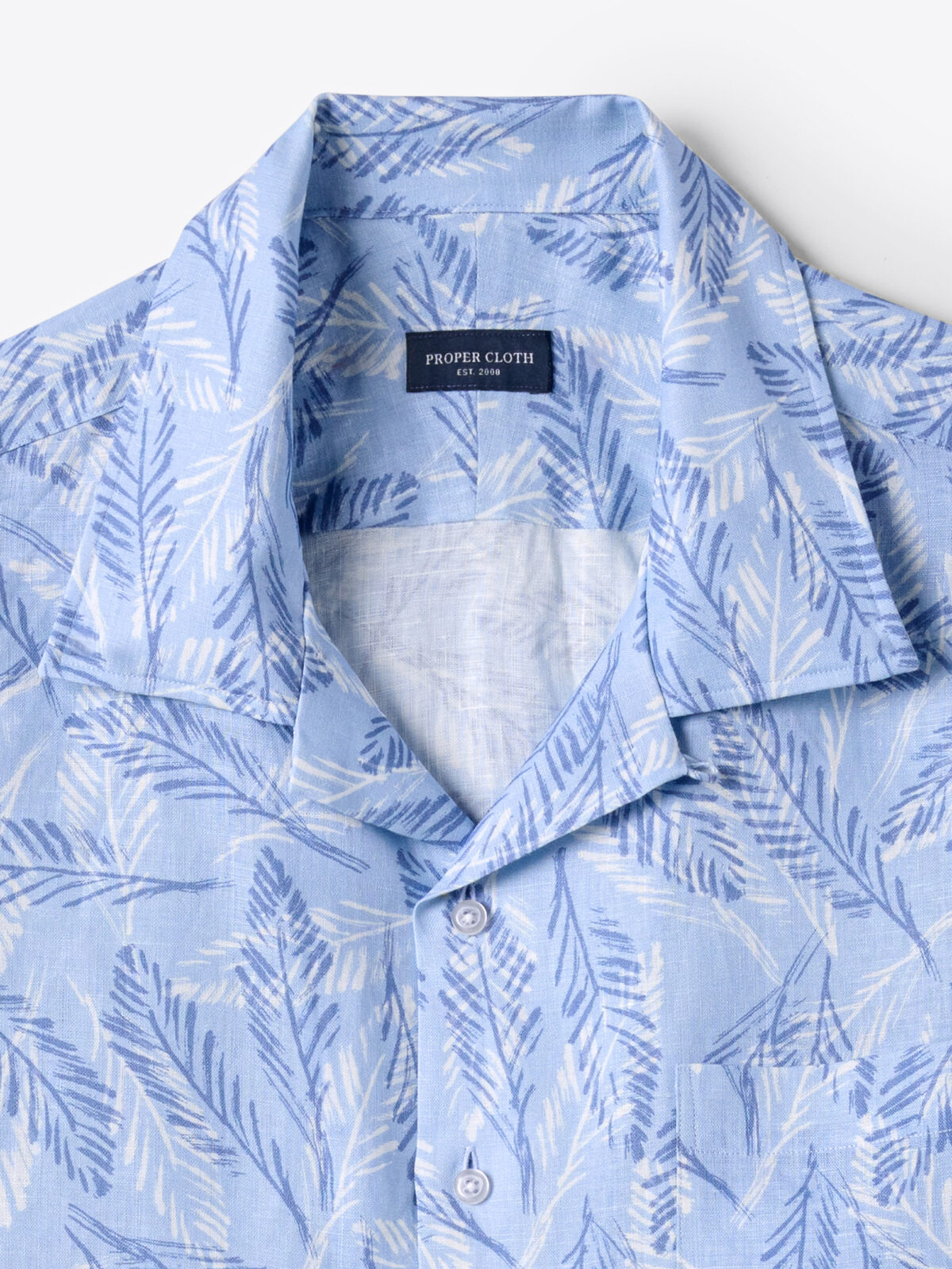 The Albini Linen Camp Shirt in Light Blue Leaf Print
