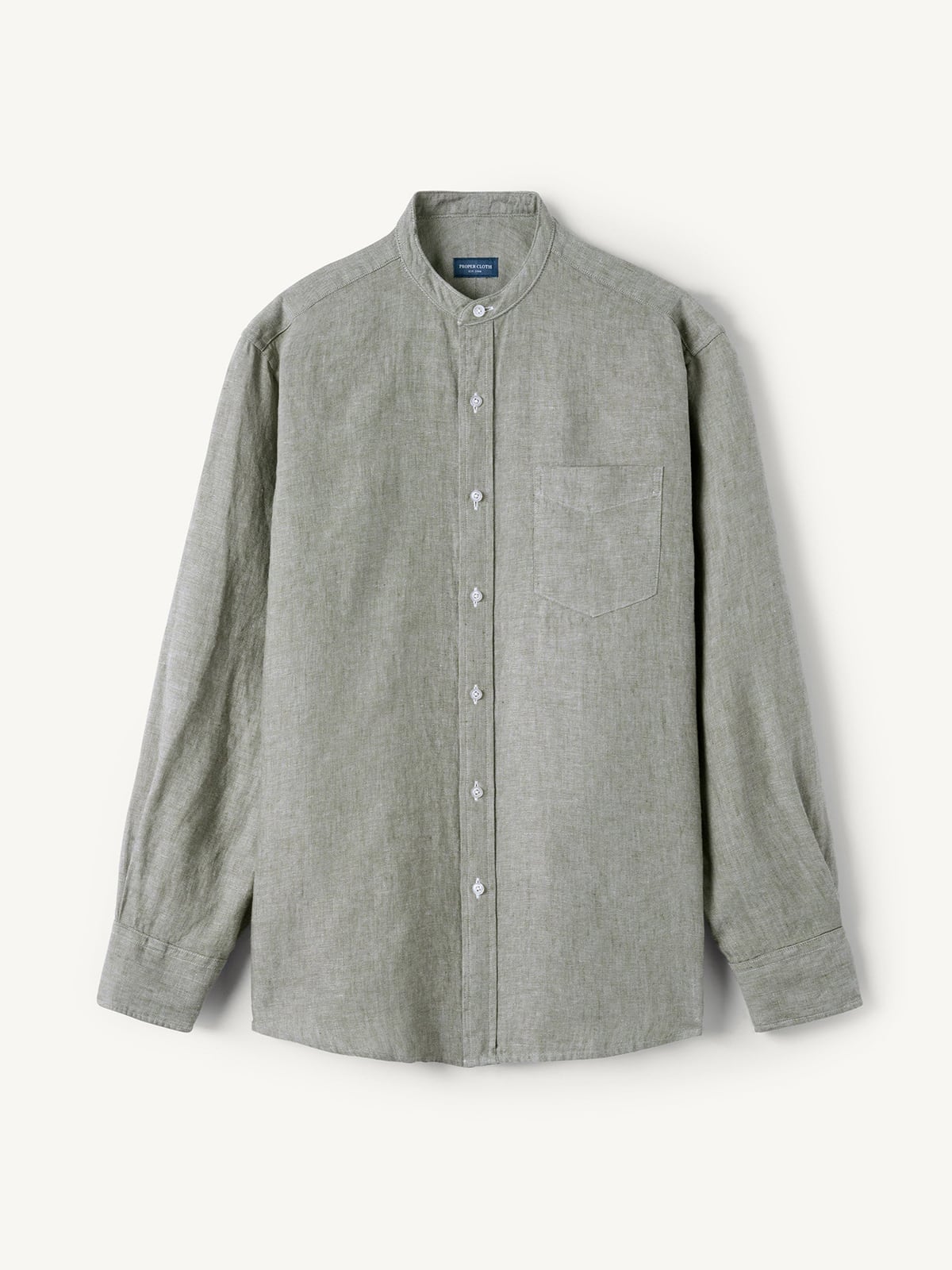 The Washed Linen Band Collar Shirt in Sage