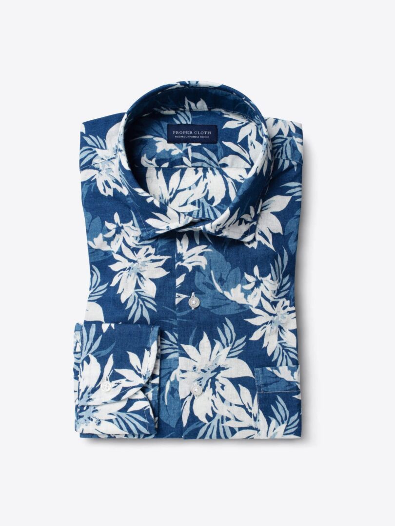 Japanese Washed Indigo Floral Print Custom Dress Shirt 