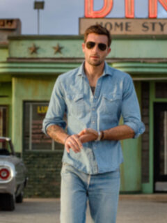 The Italian Denim Western Shirt in Light Wash Indigo Slub Denim