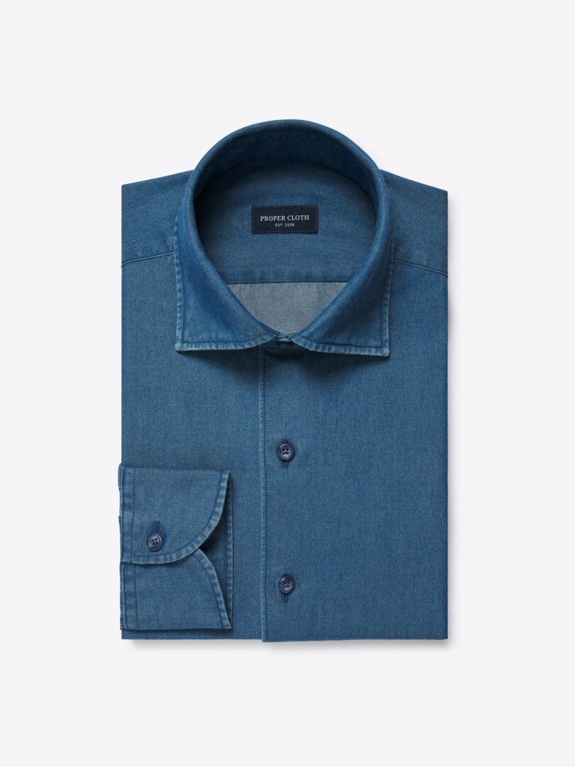 Men’s Albiate Washed Slate Blue Denim Dress Shirt Thumb