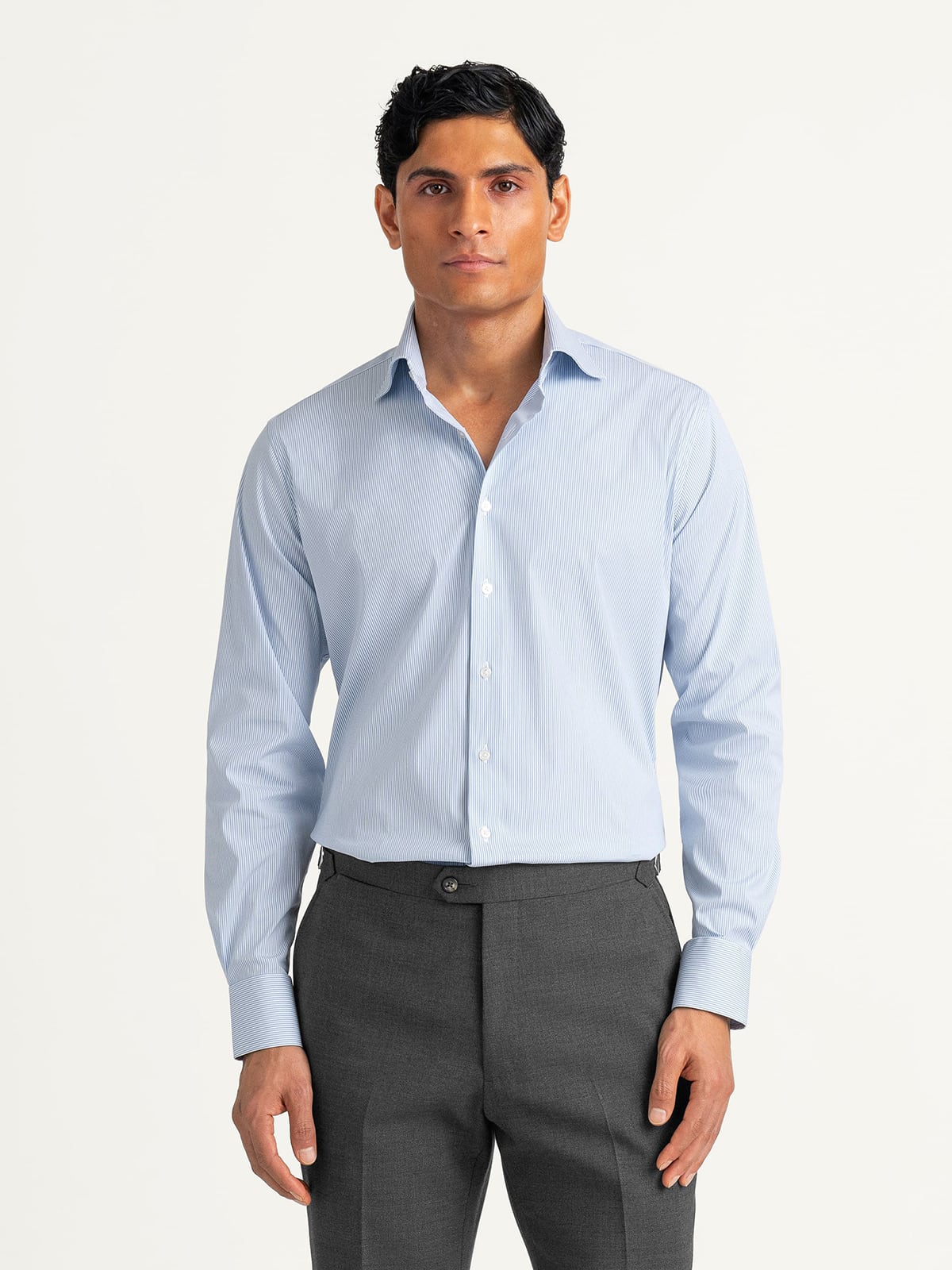albini dress shirts Albini Light Blue Stripe 80s Stretch Poplin Shirt