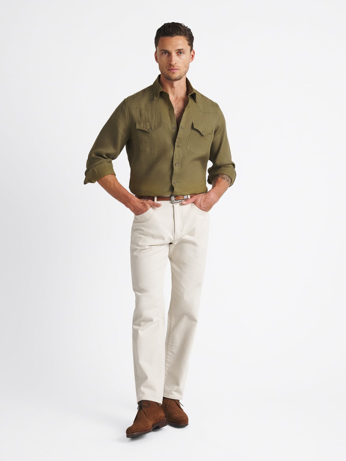 美品 BAIRD McNUTT リネン 半袖シャツ オーバーサイズ カーキ The Baird McNutt Irish Linen Shirt in Olive
