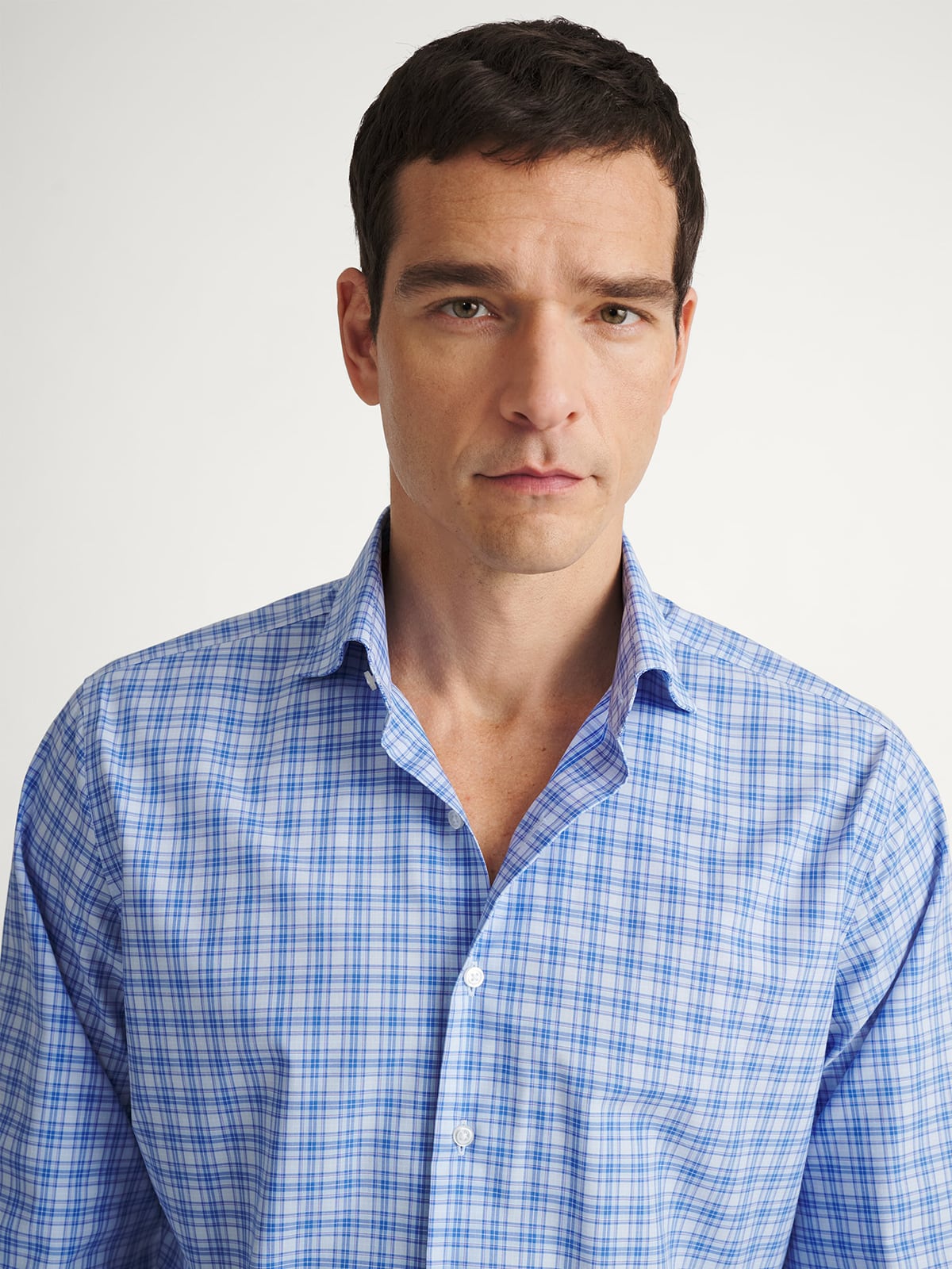 The Thomas Mason Wrinkle-Resistant Dress Shirt in Navy and Sky Plaid
