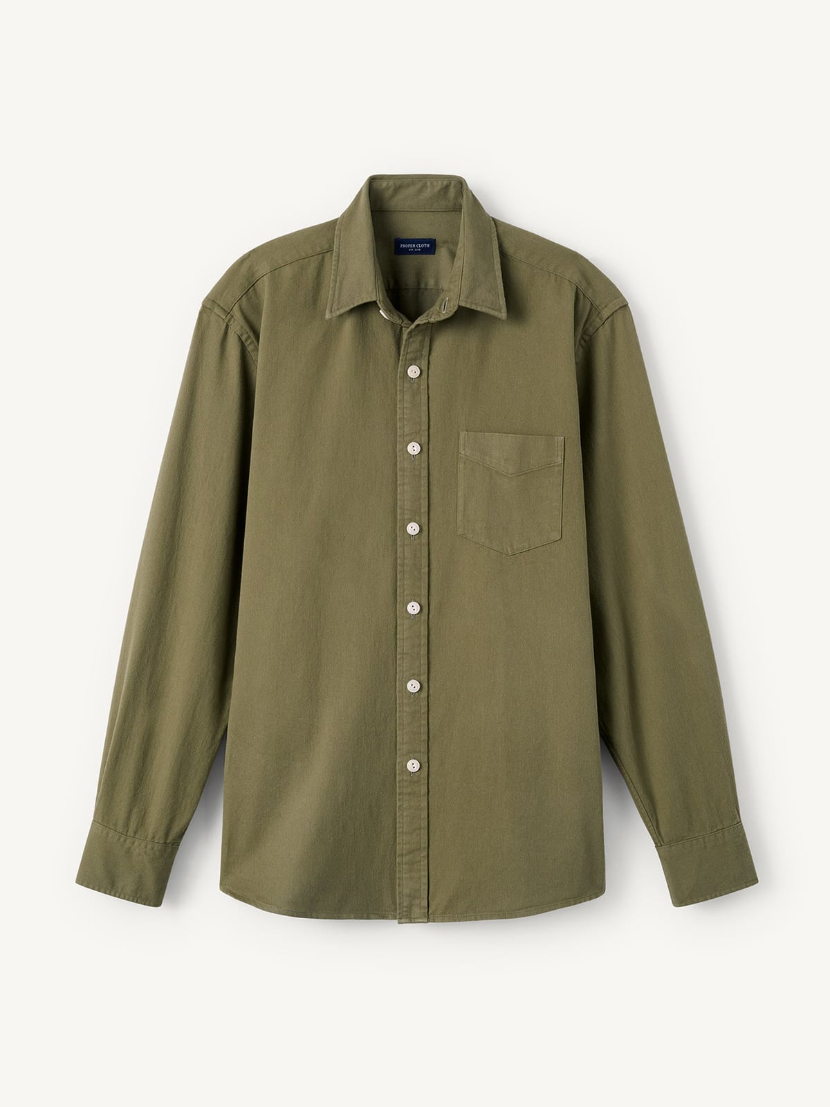 Proper Cloth Men's Japanese Olive Cotton Selvedge Twill Custom Dress Shirt - Green, Size: 14, Regular, 100% Cotton