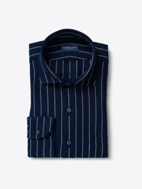 Shop Japanese Washed Navy Wide Stripe Linen Rayon Blend