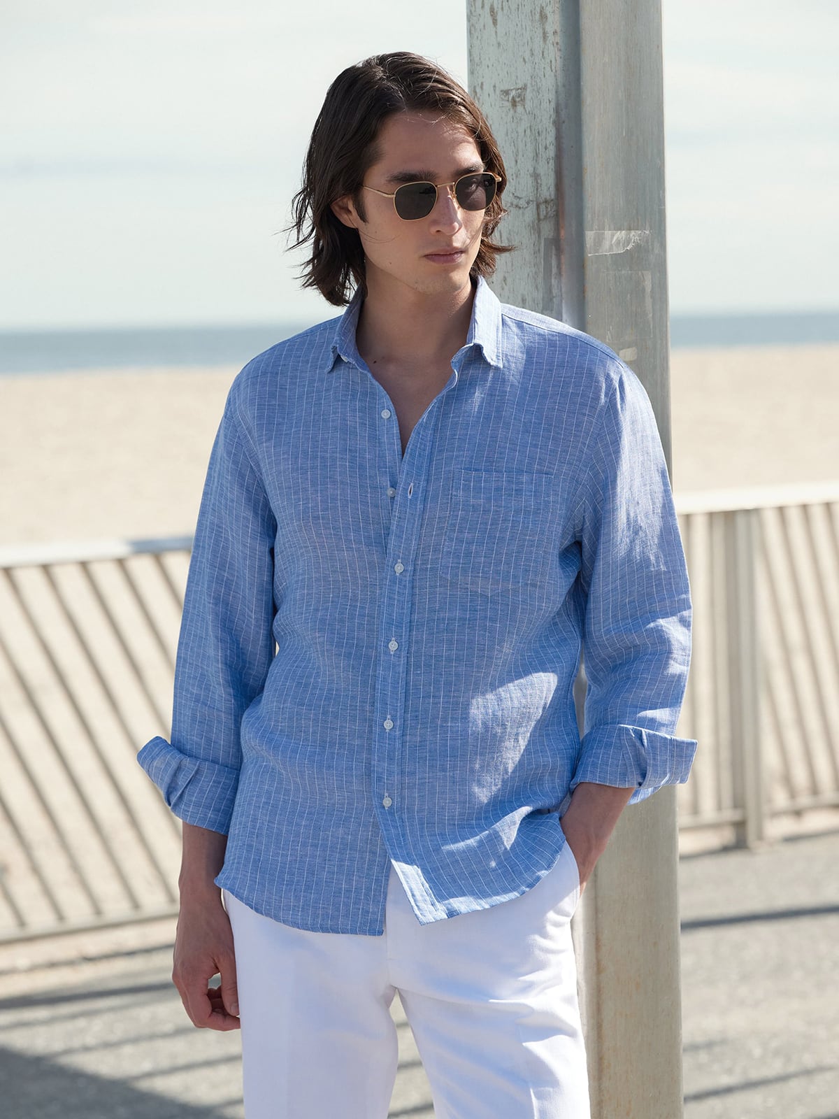 Baird McNutt Ocean Blue Reverse Stripe Irish Linen Shirt by Proper