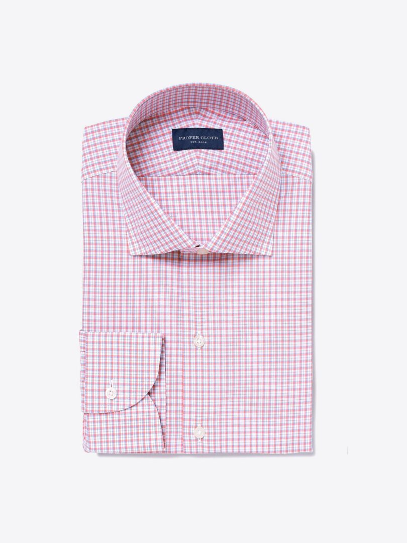 Trento Coral and Light Blue Small Check Fitted Dress Shirt 
