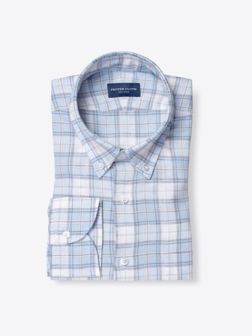 Portuguese Washed Sky Blue and White Plaid Linen 