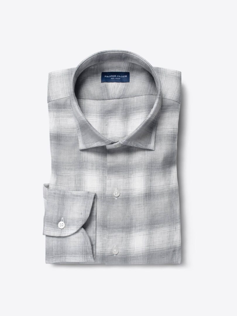 Albini Light Grey Ombre Plaid Linen Dress Shirt 