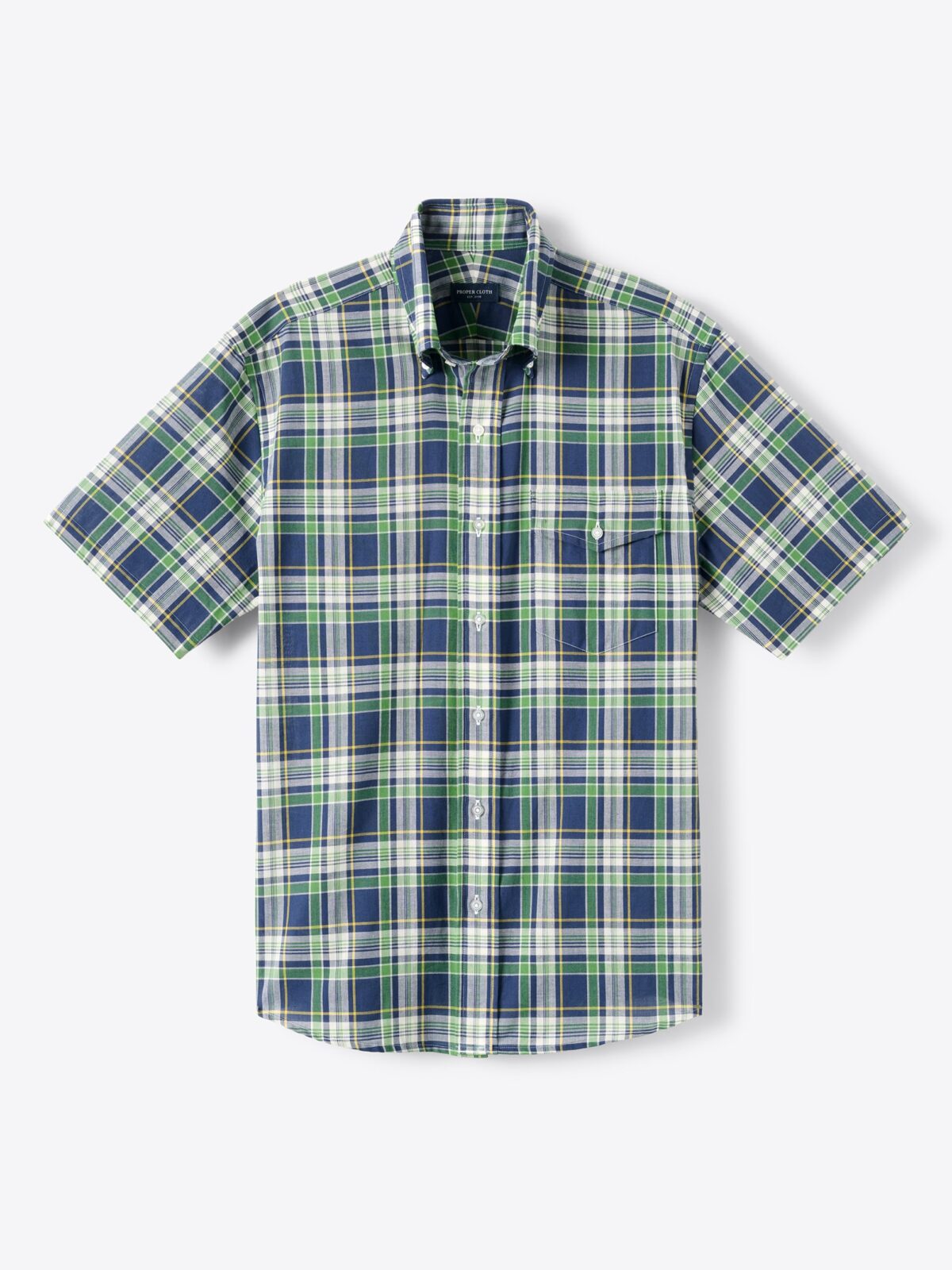 The Short Sleeve Madras Button Down in Navy and Green