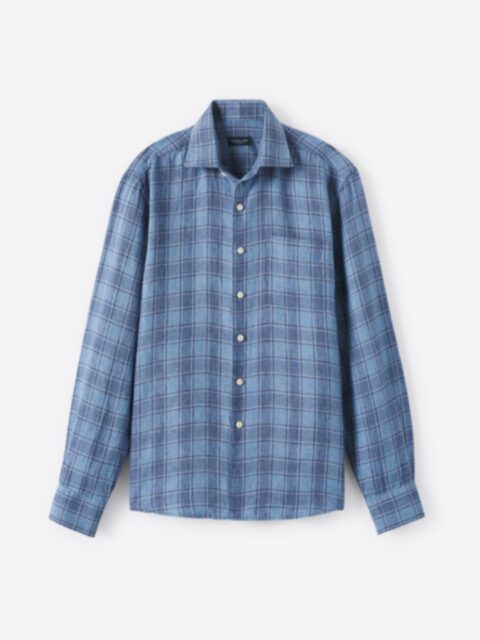 Shop Positano Light Blue Small Plaid Italian Linen