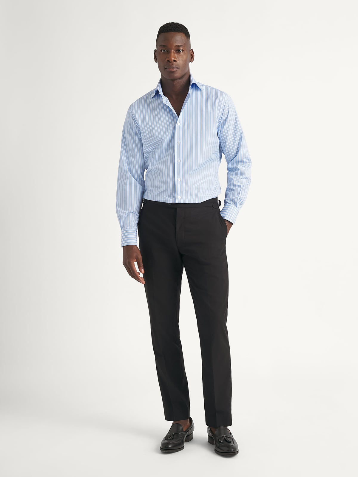 The Stanton Broadcloth Dress Shirt in Blue Fine Fancy Stripe