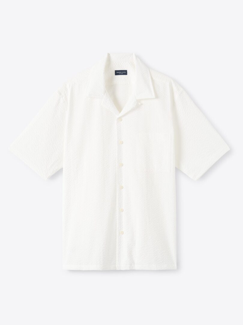 Men’s Albini White Wide Seersucker Camp Shirt Thumb