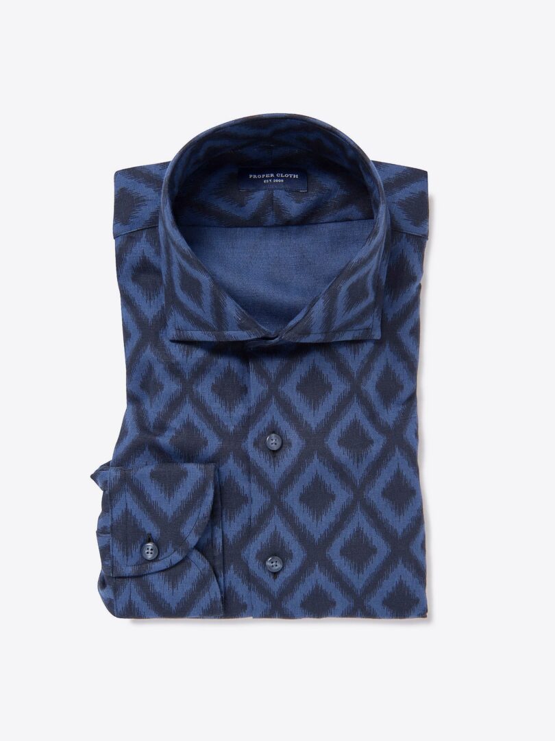 Navy Cotton Linen Ikat Print Tailor Made Shirt 