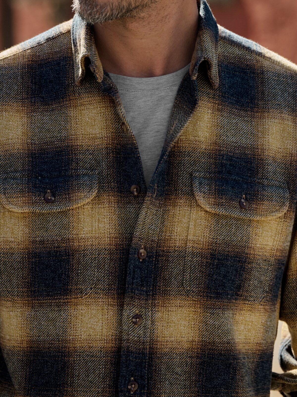 Japanese Gold and Grey Low Twist Ombre Plaid Shirt