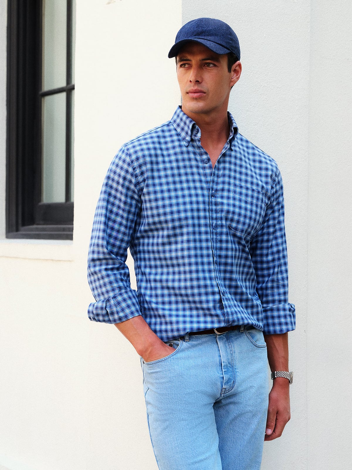 Proper Cloth Men's Portuguese Navy and Blue Plaid Twill Custom Dress Shirt