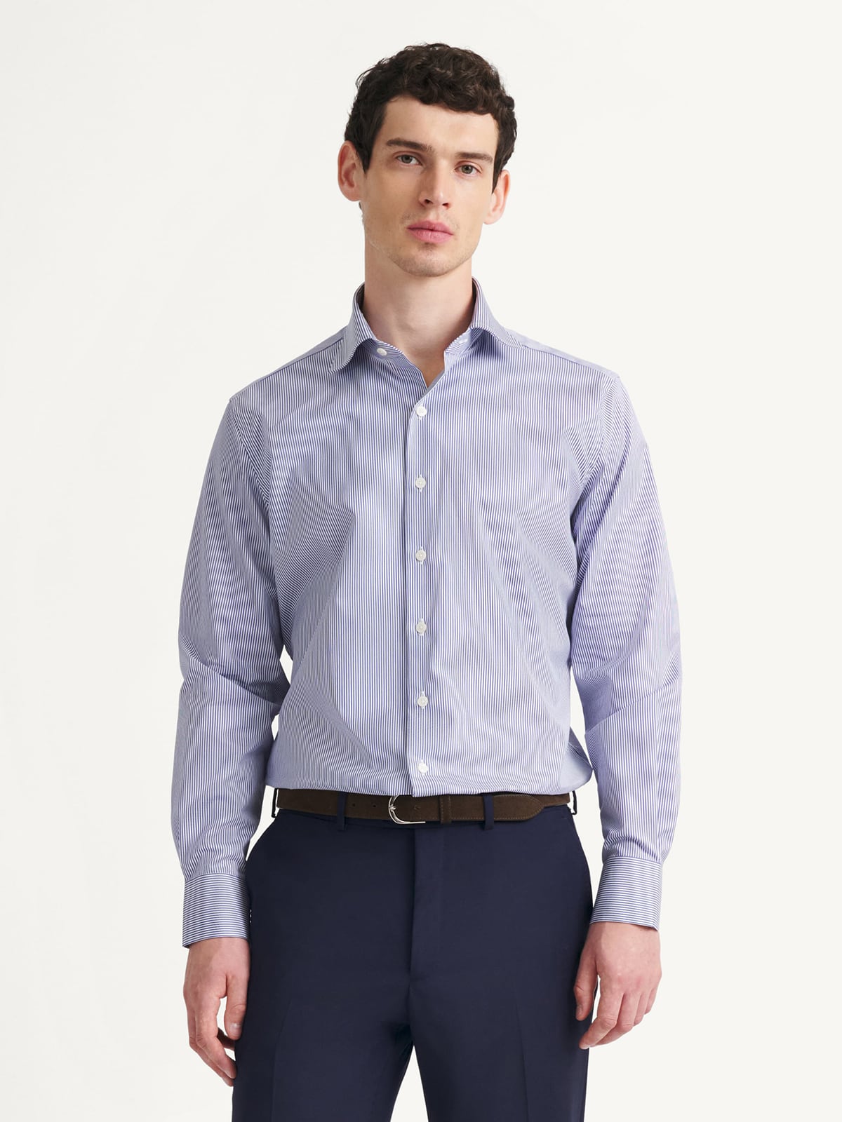 The Thomas Mason Fine Twill Shirt in Navy Stripe