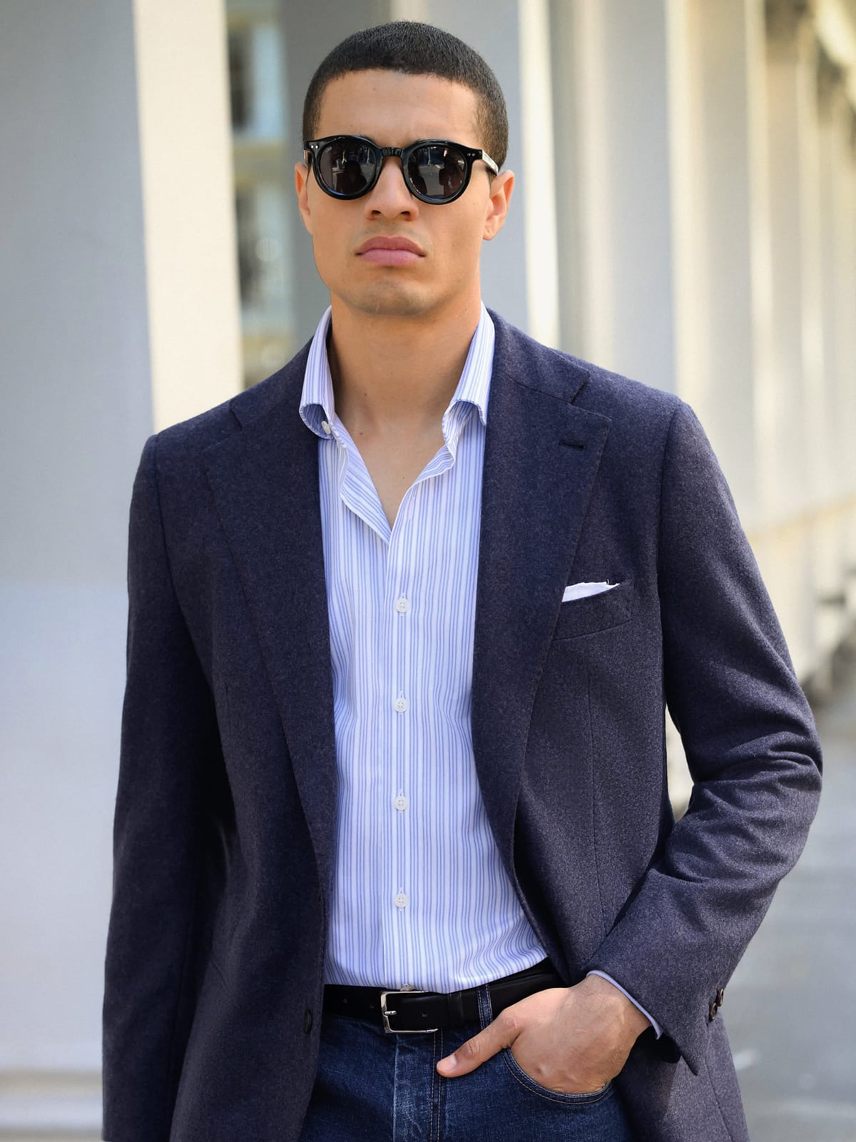 The Thomas Mason Non-Iron Shirt in Light Blue and Navy Fancy Stripe