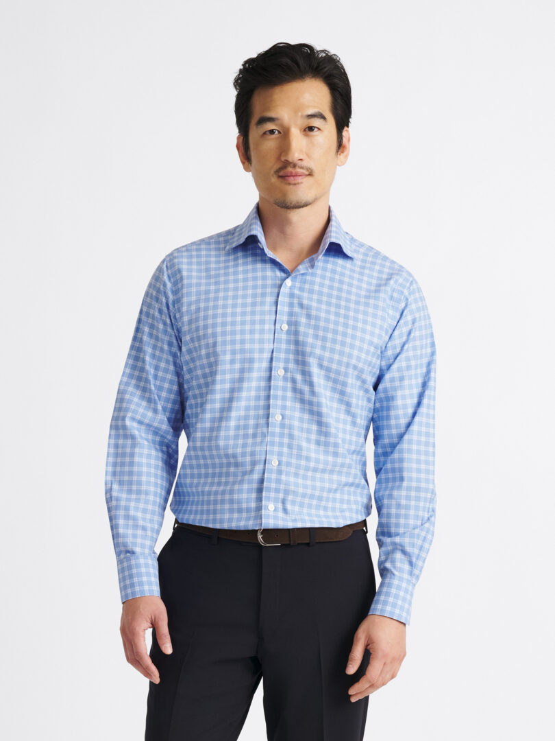 Thomas Mason Non-Iron Slate Blue and Sky Plaid Thumb Detail