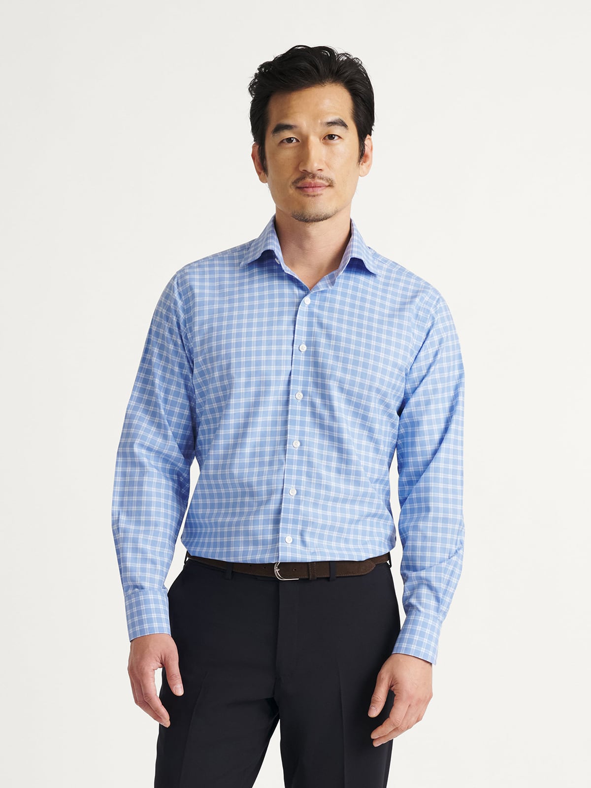 The Thomas Mason Non-Iron Shirt in Slate Blue and Sky Plaid