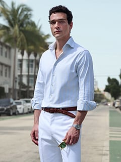 The Amalfi Stretch Pique Dress Shirt in Light Blue and Yellow Stripe