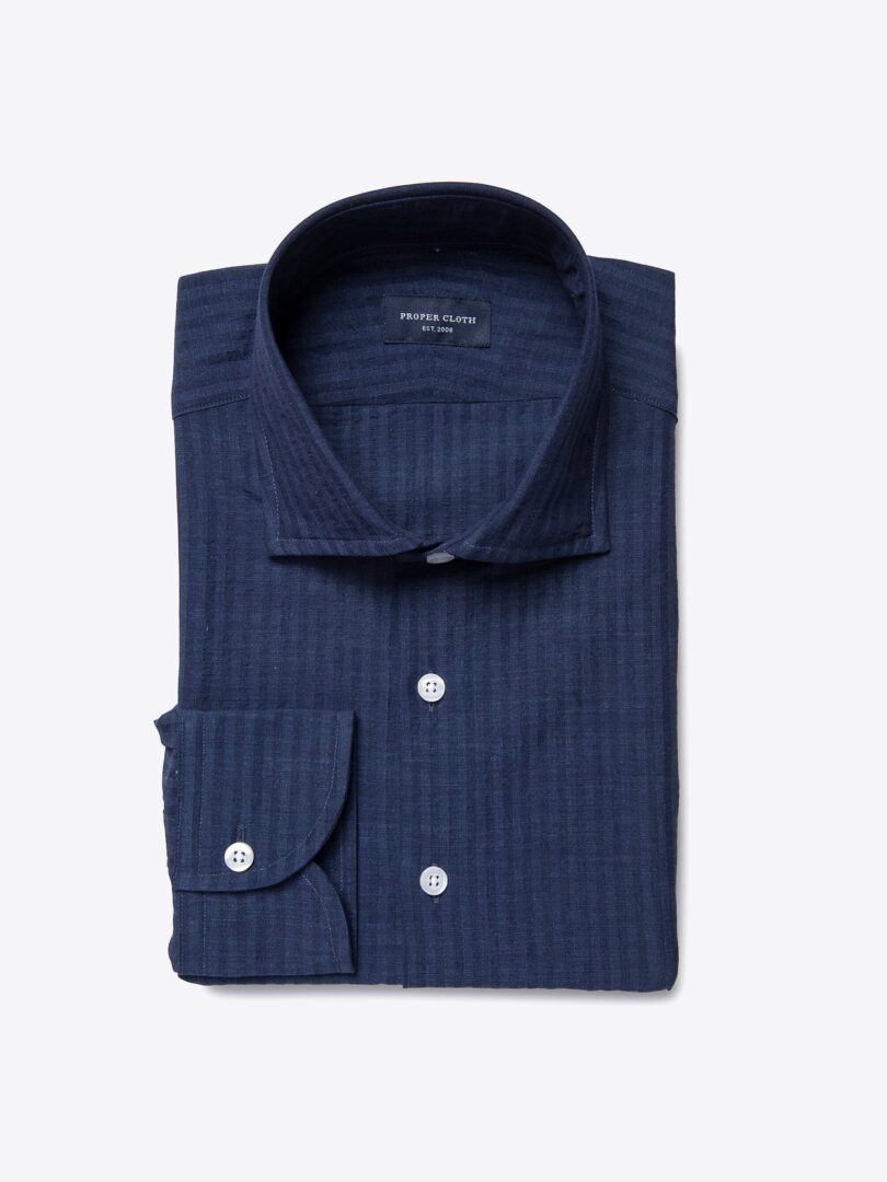 Albini Navy Cotton Linen Seersucker Fitted Shirt 
