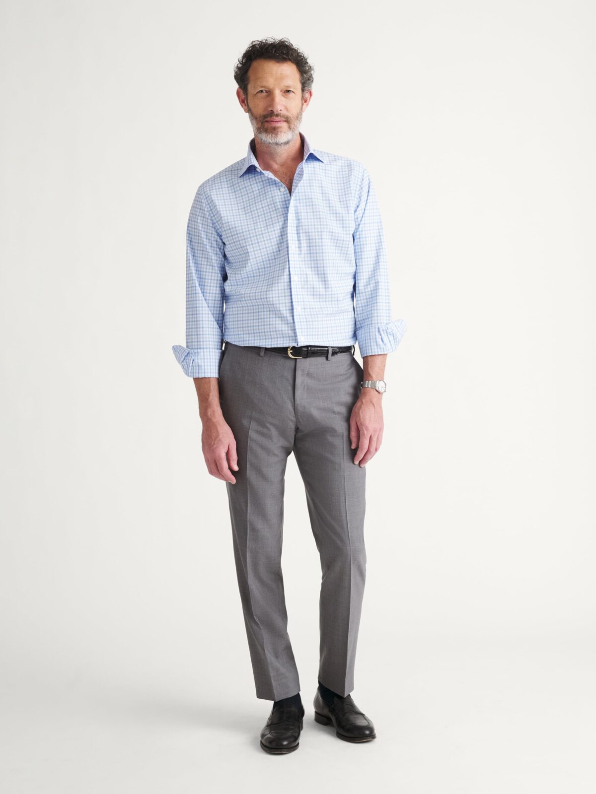 The Thomas Mason Non-Iron Shirt in Navy and Sky Multi Check