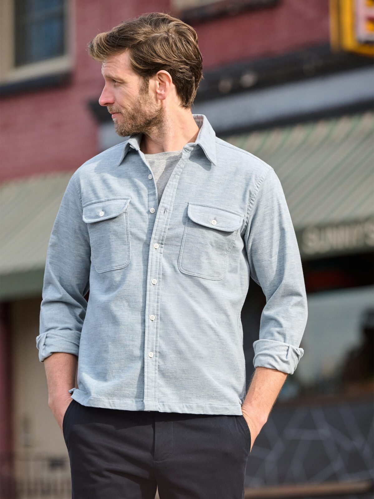 Check styling ideas for「Supima® Cotton Crew Neck T-Shirt、Denim Utility  Long-Sleeve Overshirt」