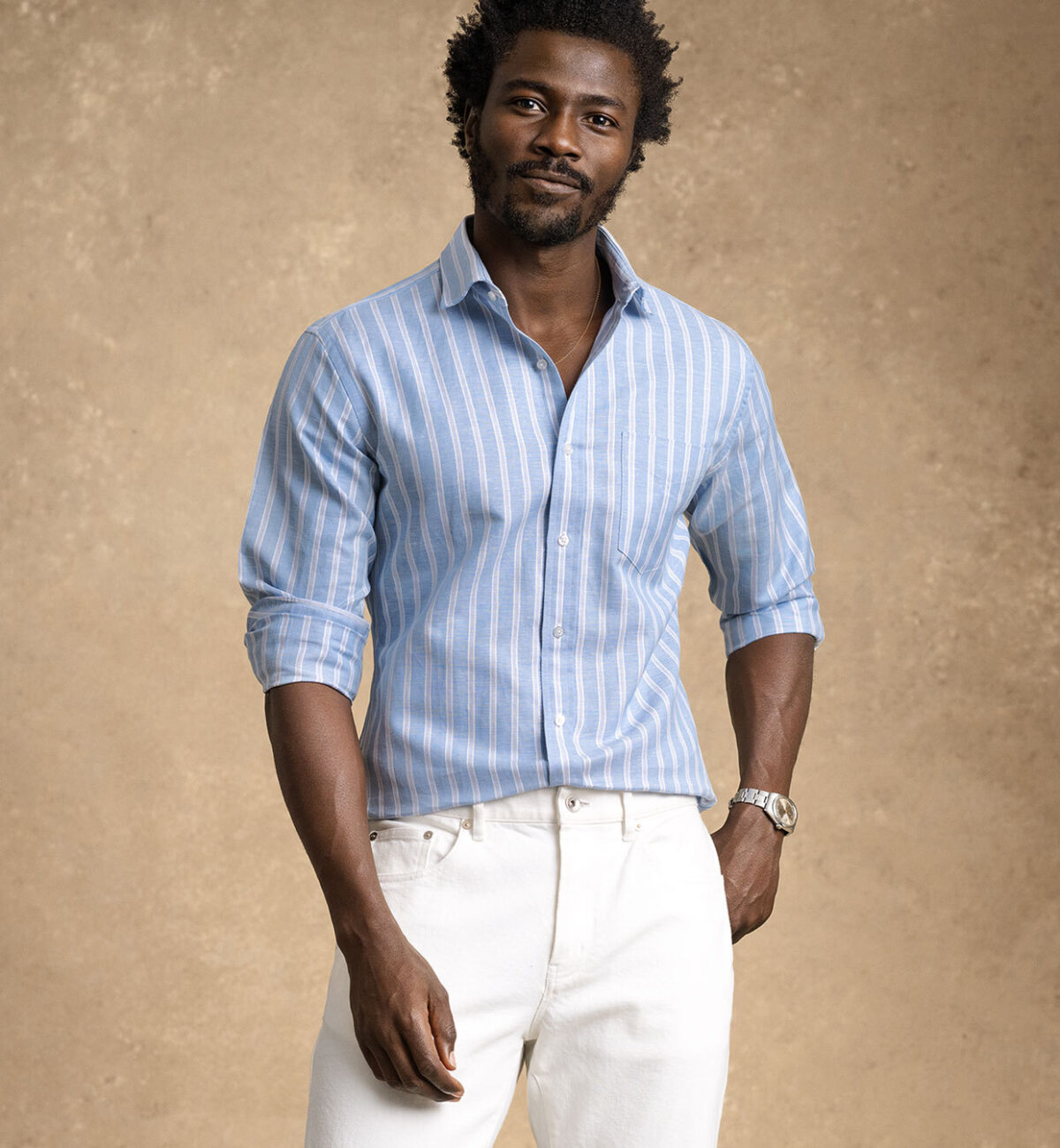 Portuguese Tonal Blue Double Stripe Cotton Hemp Oxford Shirt by