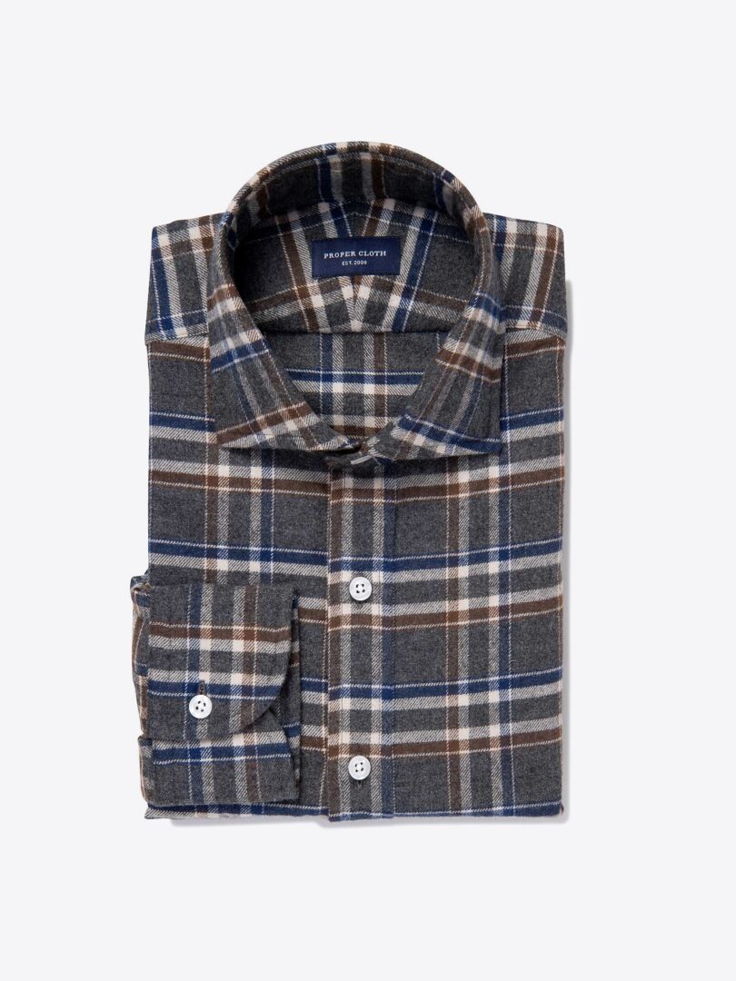 Grey and Brown Plaid Flannel Fitted Shirt 