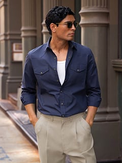navy dress shirt with khaki pants Navy Blue and Khaki Color Combination Outfit Ideas
