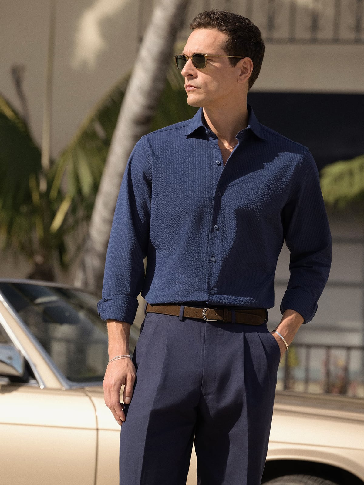 Proper Cloth Men's Portuguese Navy Seersucker Custom Dress Shirt - Blue, Size: L, Regular, 100% Cotton