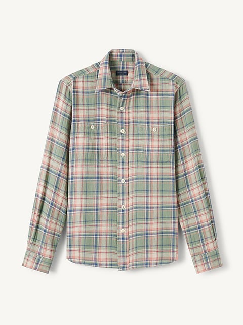Camicia Lino Baird McNutt Murano – Taglia L – Plaid Rosa, Azzurro, Bianco – Nuova Con Etichette