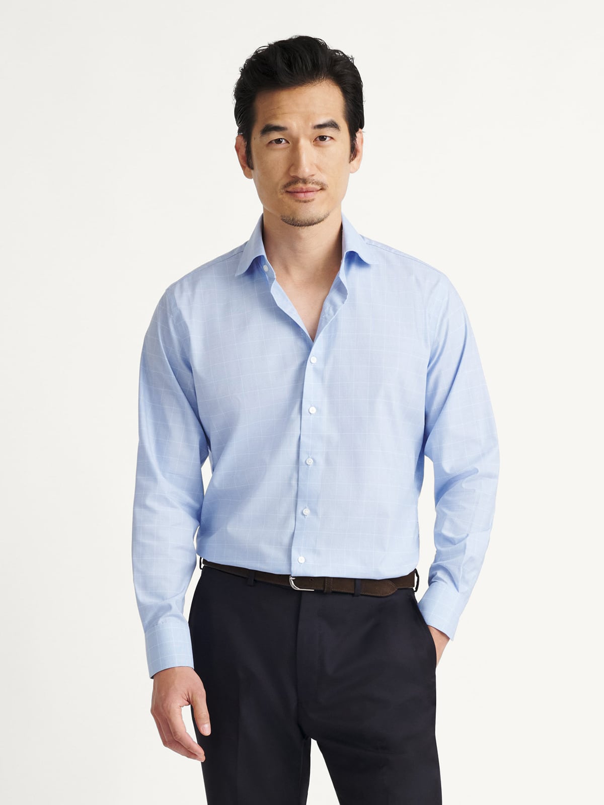 The Thomas Mason Wrinkle-Resistant Dress Shirt in Light Blue Glen