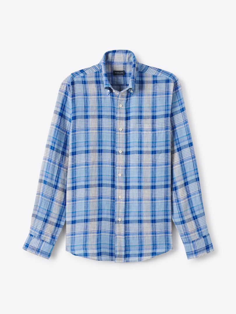Men’s Albini Blue Navy and Ivory Linen Madras Thumb