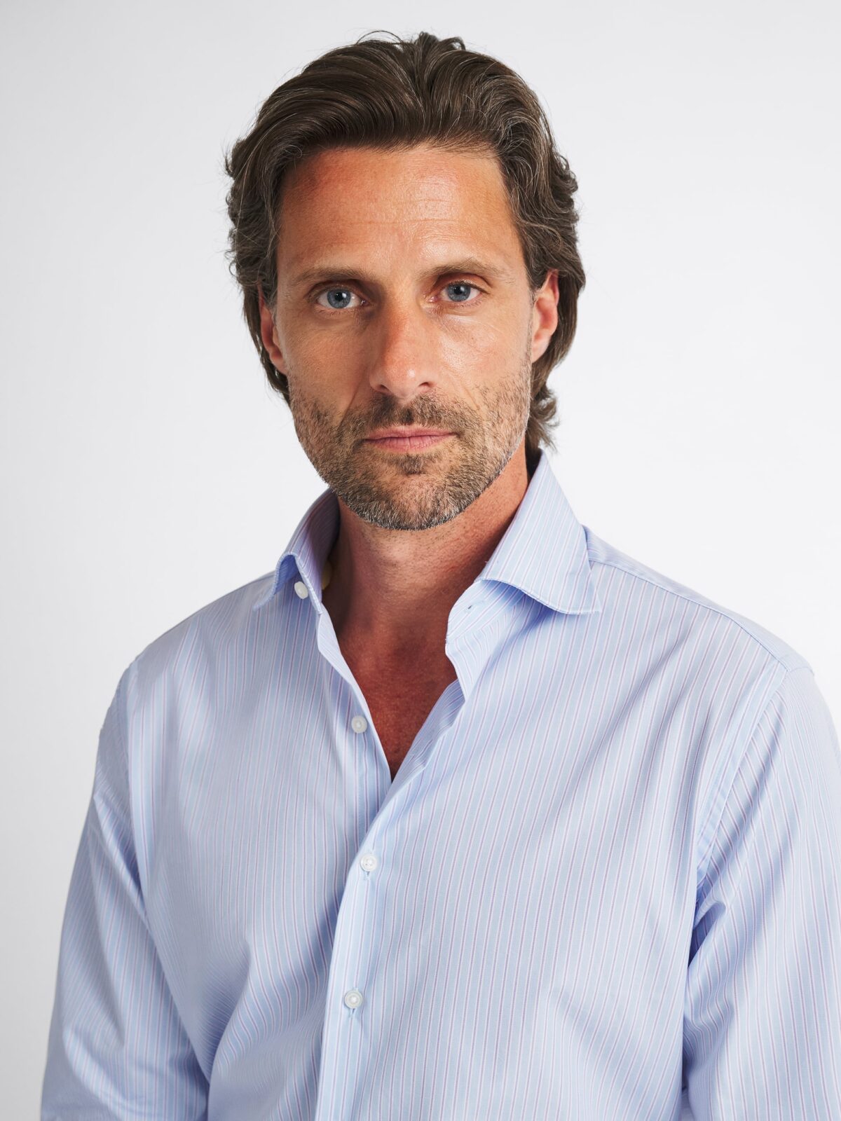 The Thomas Mason Luxury Broadcloth Shirt in Light Blue Alternating