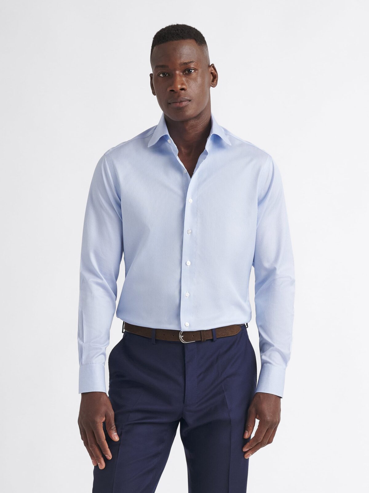 The Thomas Mason Non-Iron Shirt in Light Blue Fine Stripe