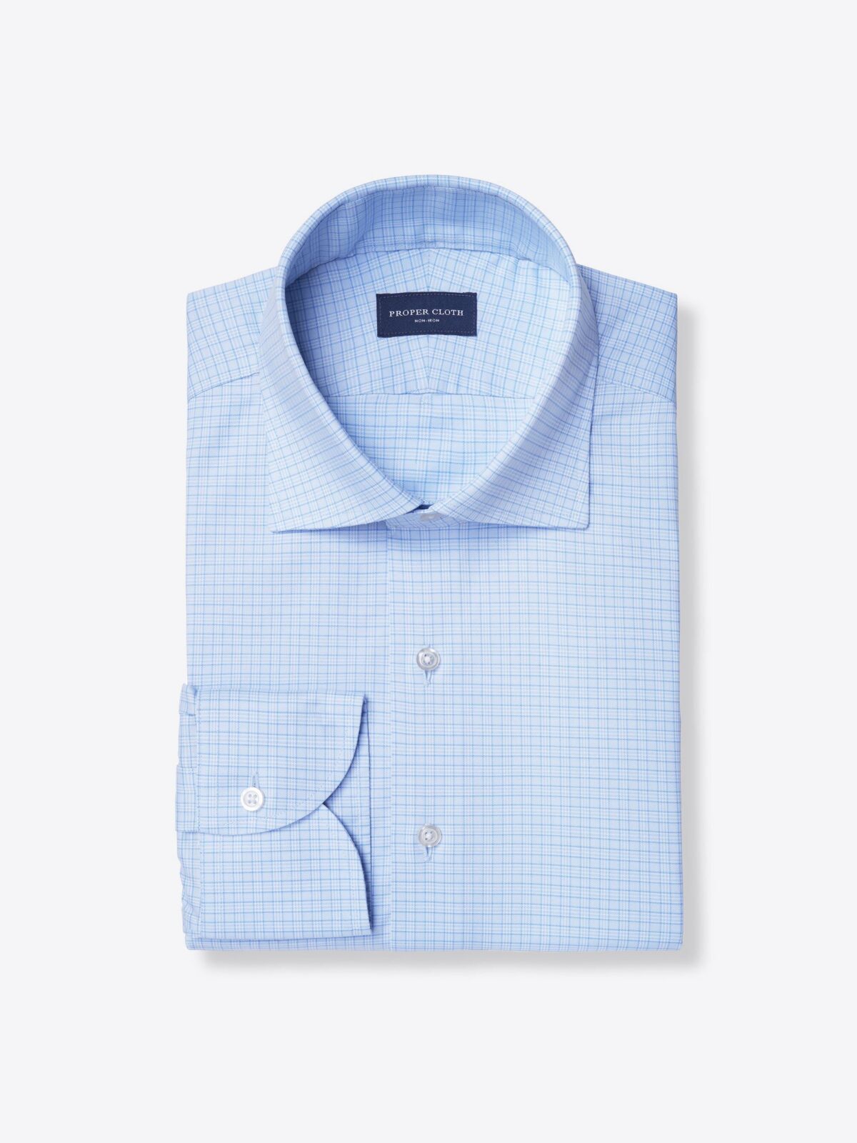 Non-Iron Stretch Light Blue Small Check Shirt by Proper Cloth