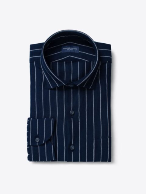 Shop Japanese Washed Navy Wide Stripe Linen Rayon Blend