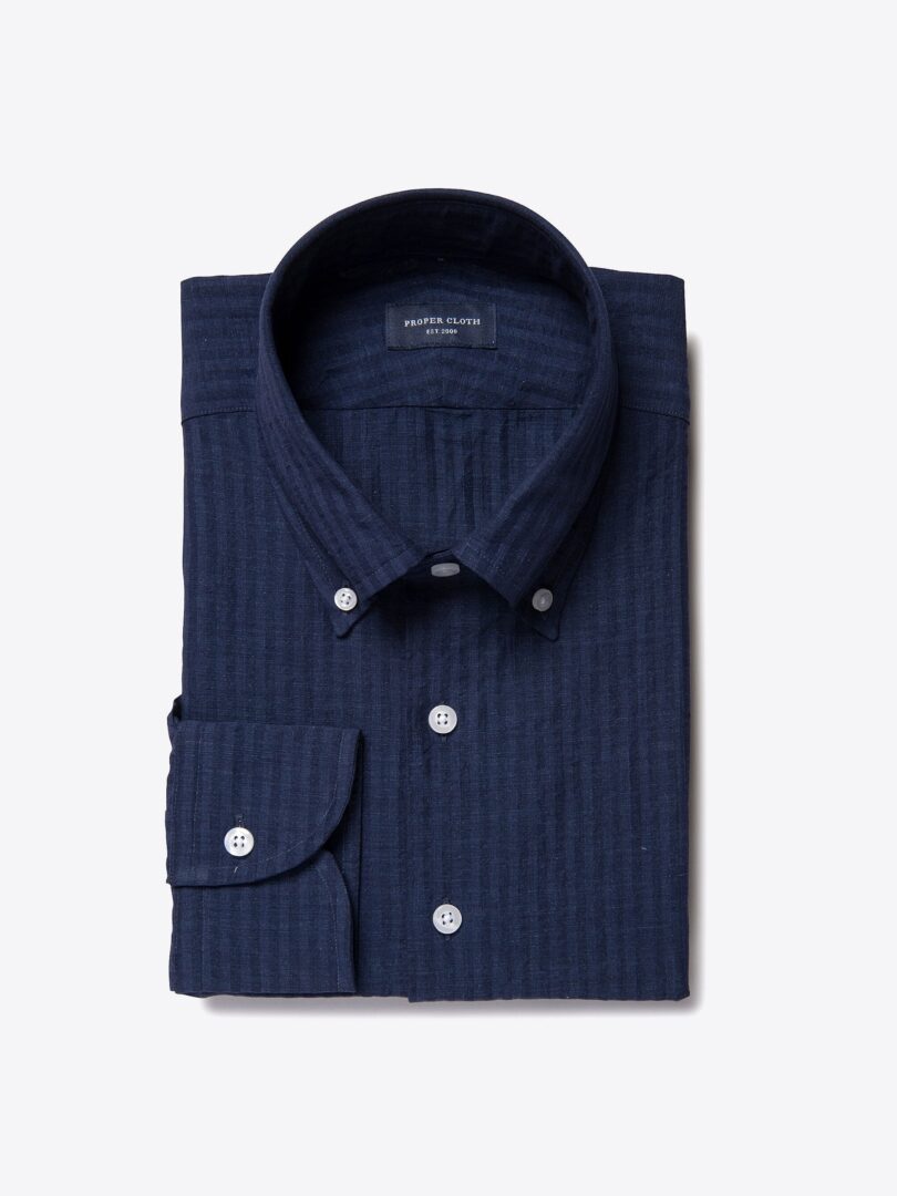 Albini Navy Cotton Linen Seersucker Custom Dress Shirt 