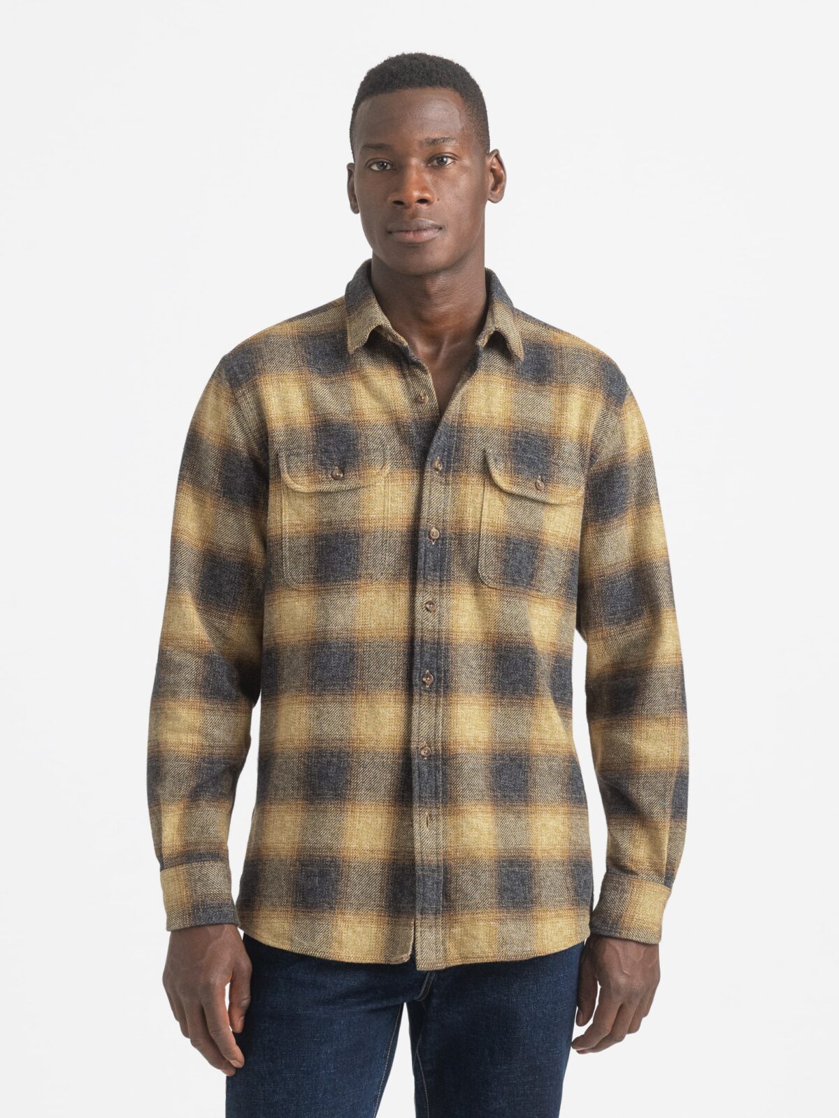 Japanese Gold and Grey Low Twist Ombre Plaid Shirt